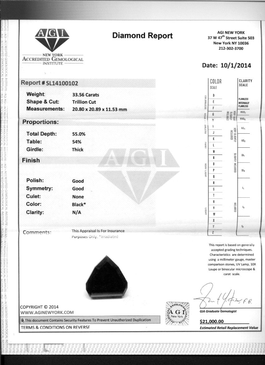 33.56 Carat Shield Shape Natural Black Diamond – Rare Collector’s Gem