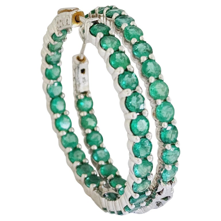 8.50 Carat Emerald Round Hoop Earrings 14 Karat White Gold
