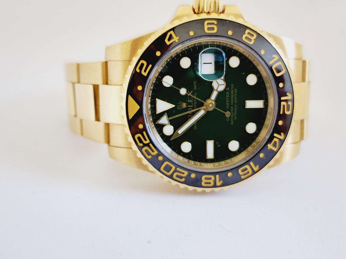 RARE, Rolex GMT-Master II Yellow Gold Green Dial & Ceramic Bezel Oyster Bracelet