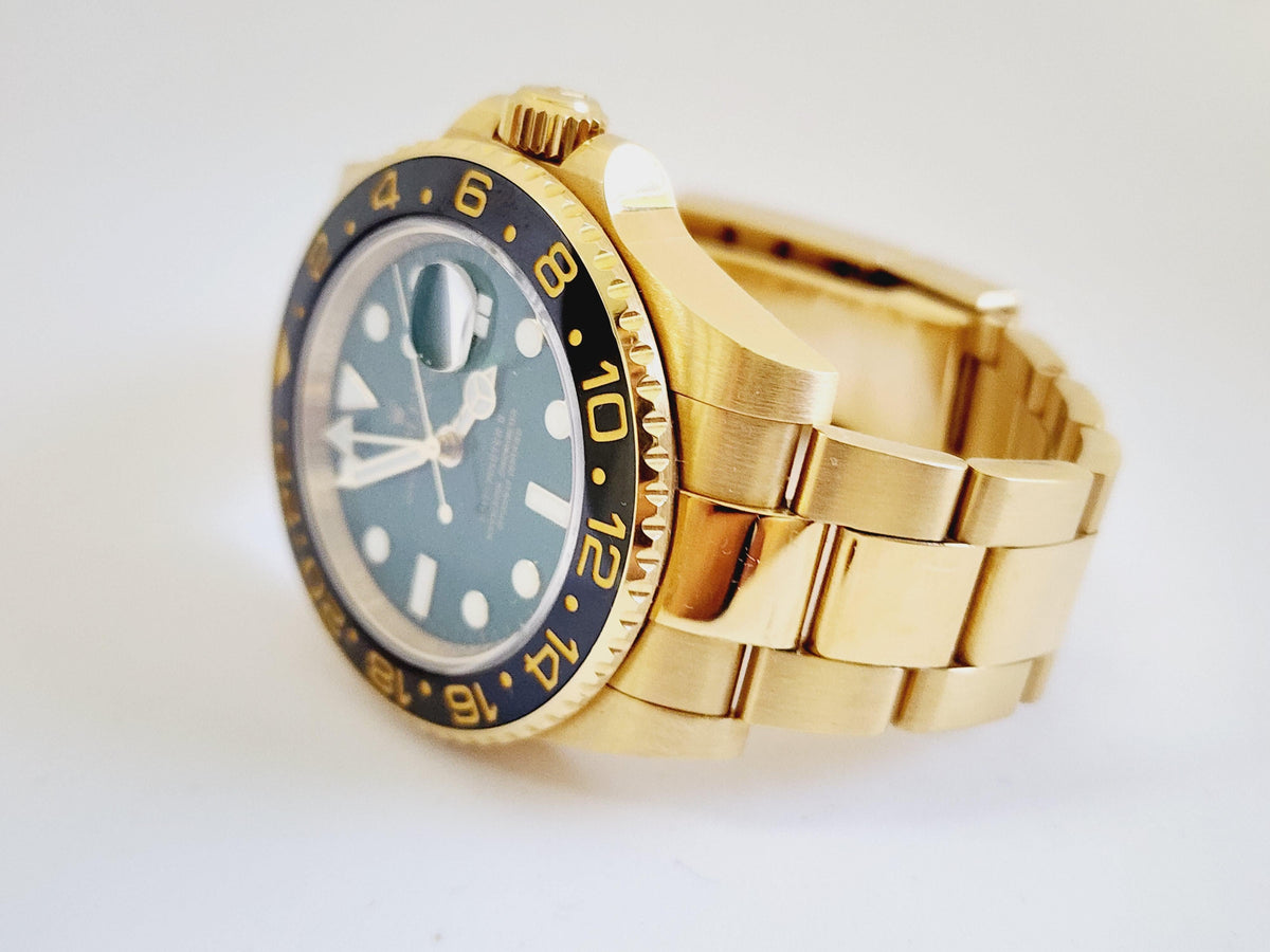 RARE, Rolex GMT-Master II Yellow Gold Green Dial & Ceramic Bezel Oyster Bracelet