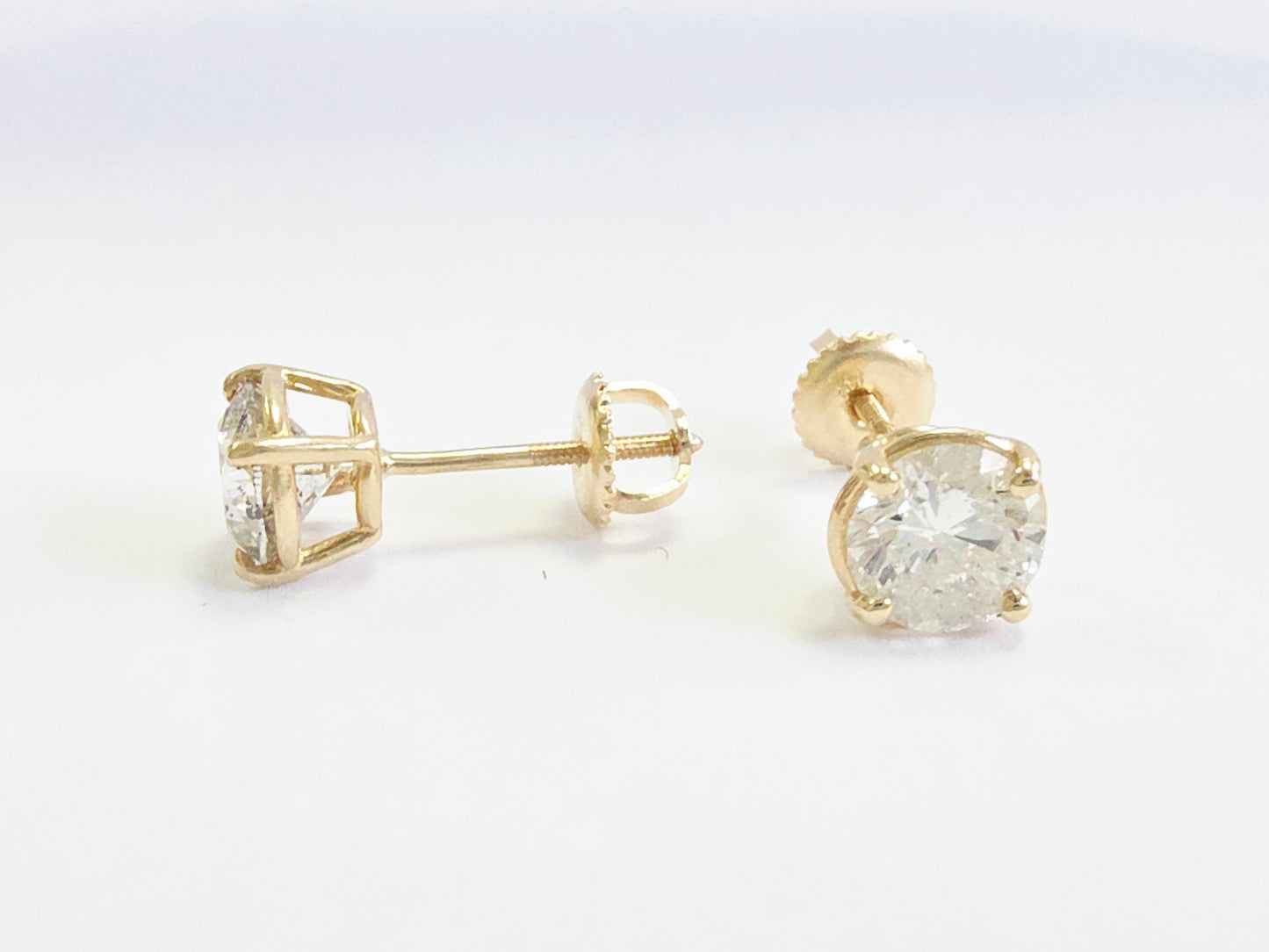 2.02 Carats Round Brilliant Diamond Stud Earrings 14K Yellow Gold