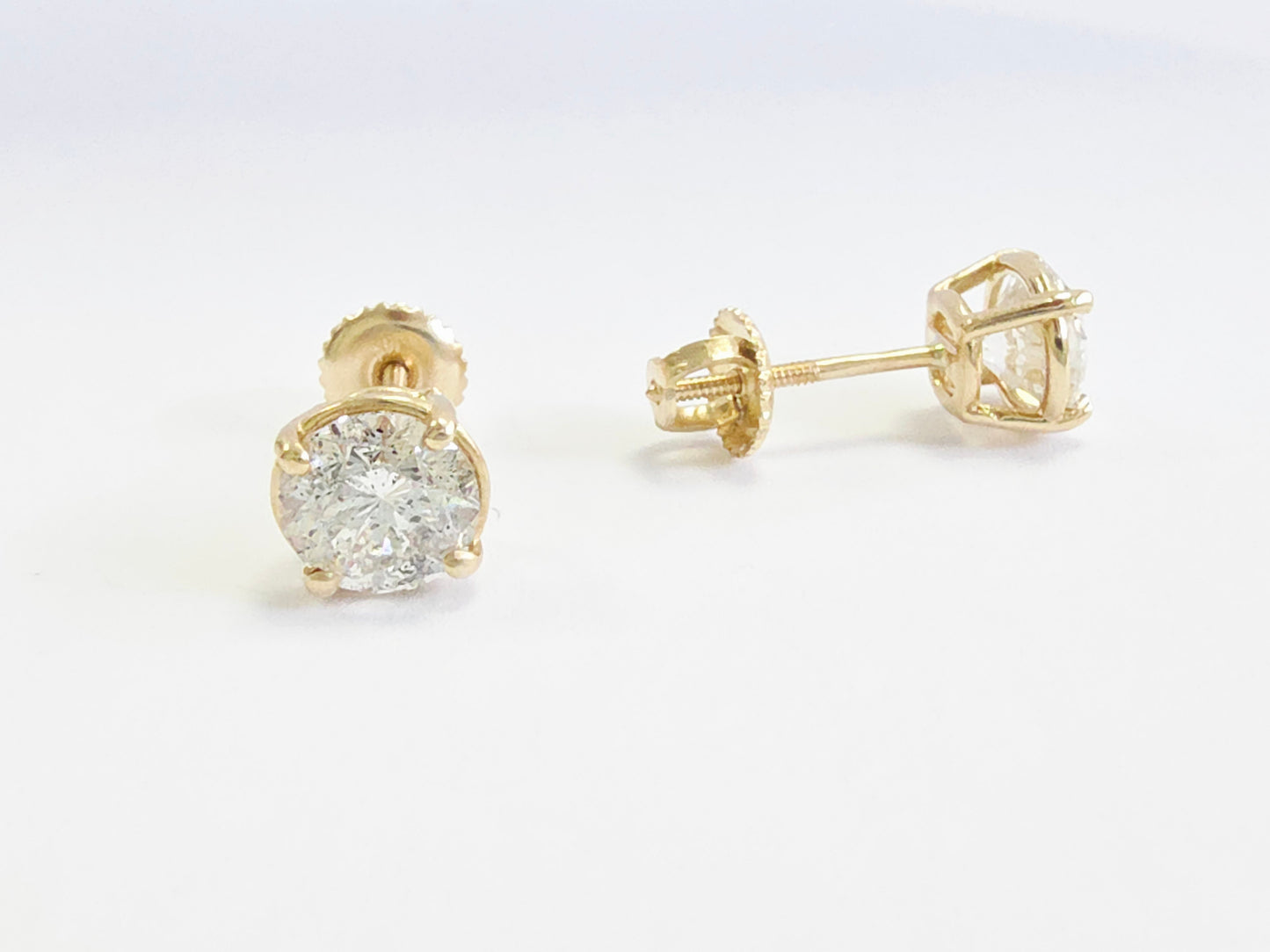 2.02 Carats Round Brilliant Diamond Stud Earrings 14K Yellow Gold