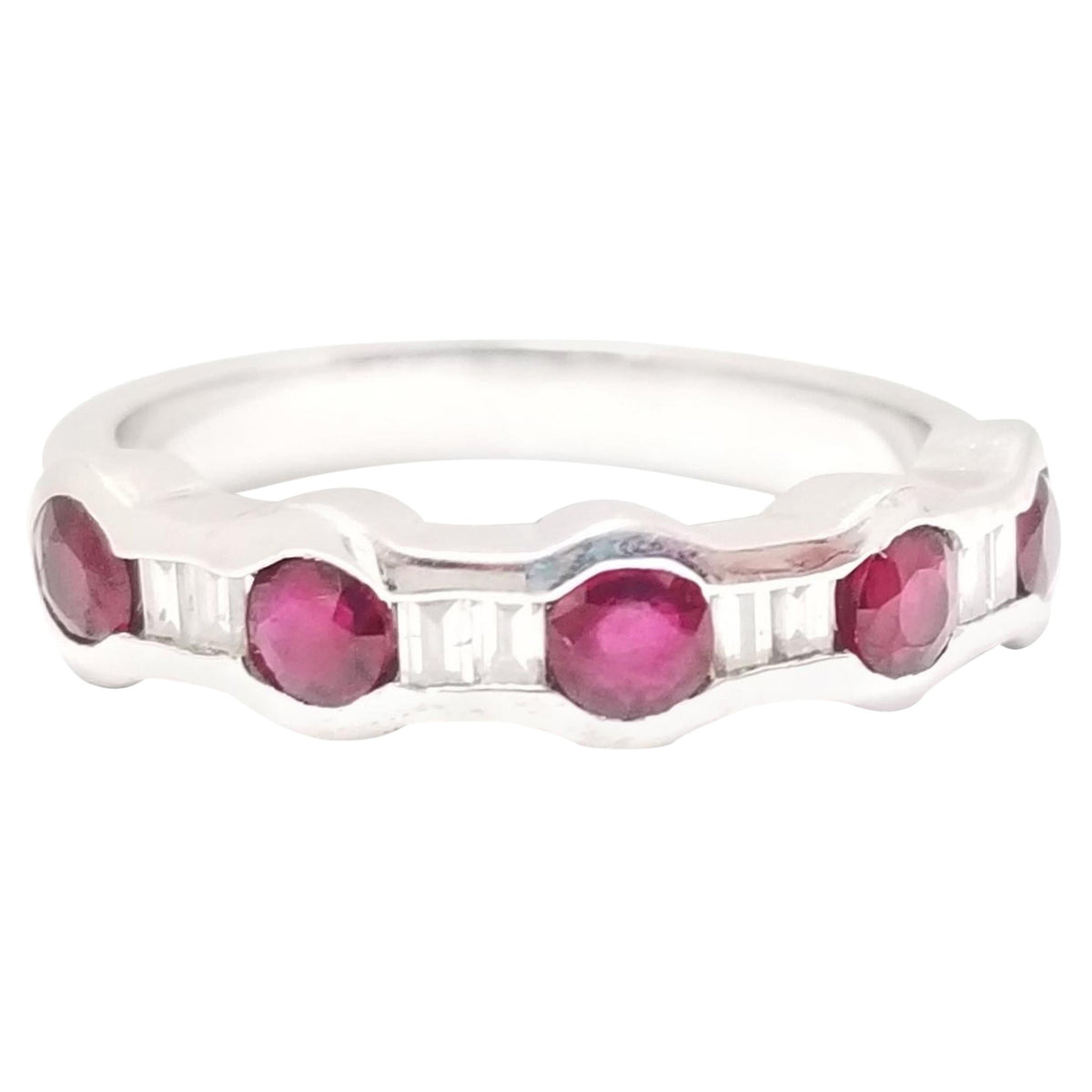 MONTH LONG SALE 18K WHITE GOLD, 0.93ct Ruby, Baguette natural Diamond Ring