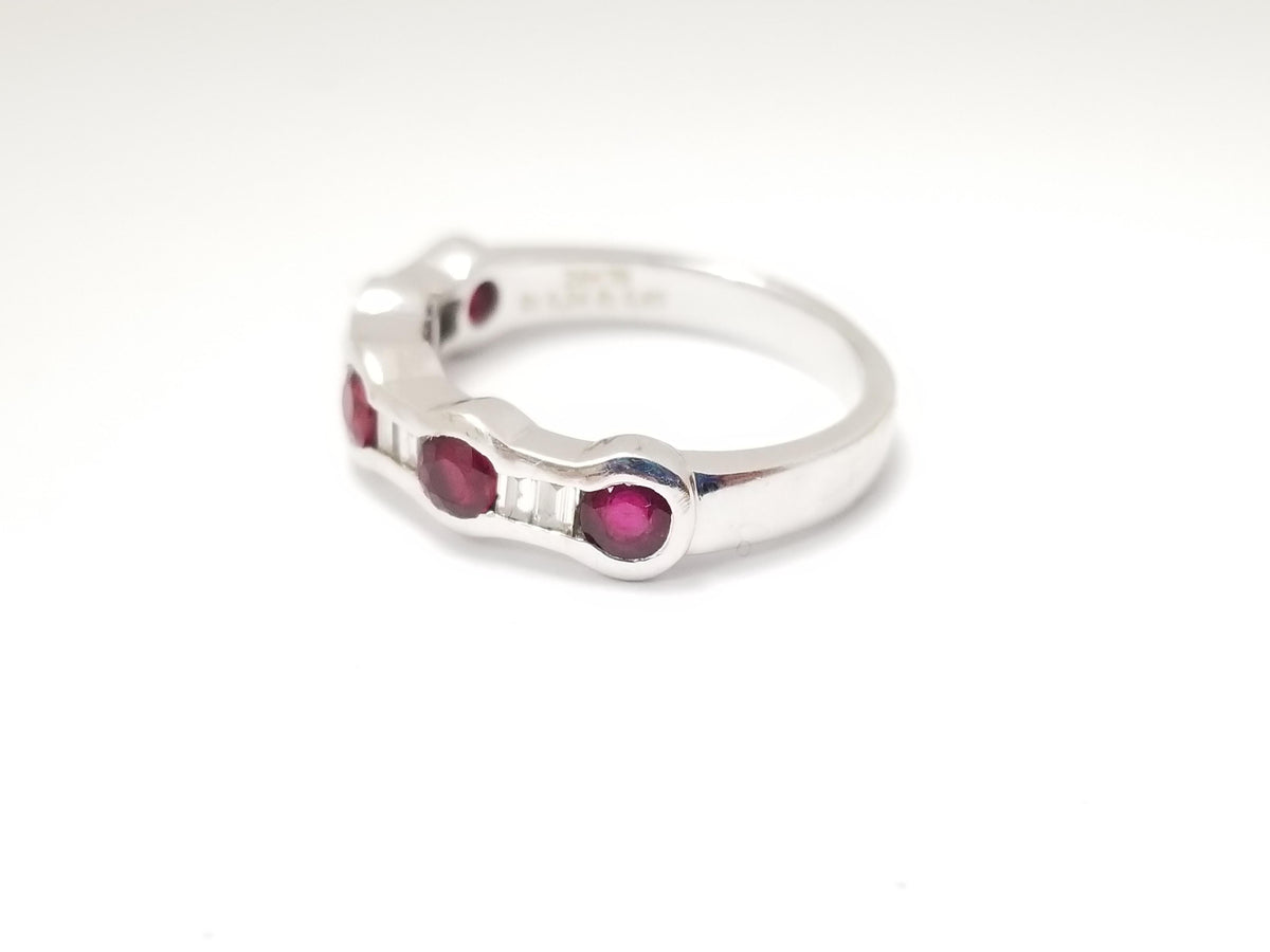 MONTH LONG SALE 18K WHITE GOLD, 0.93ct Ruby, Baguette natural Diamond Ring