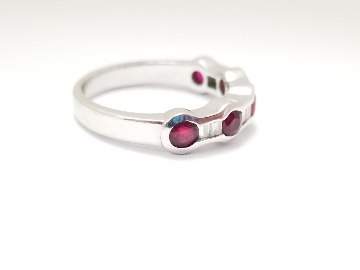 MONTH LONG SALE 18K WHITE GOLD, 0.93ct Ruby, Baguette natural Diamond Ring