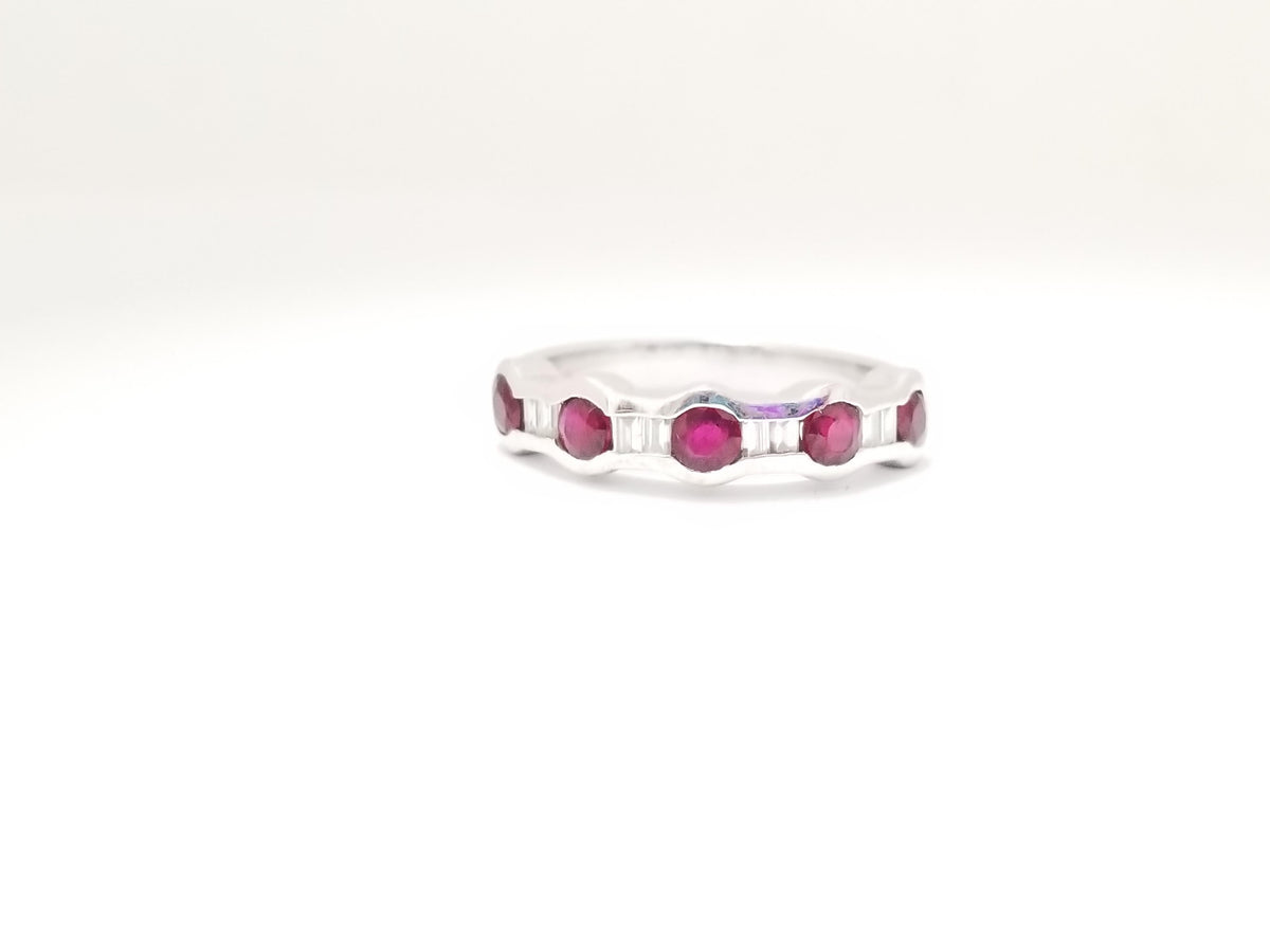 MONTH LONG SALE 18K WHITE GOLD, 0.93ct Ruby, Baguette natural Diamond Ring