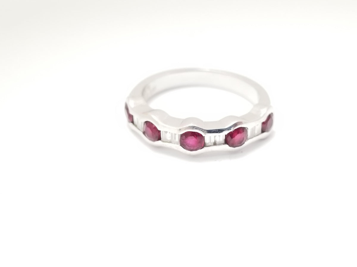 MONTH LONG SALE 18K WHITE GOLD, 0.93ct Ruby, Baguette natural Diamond Ring