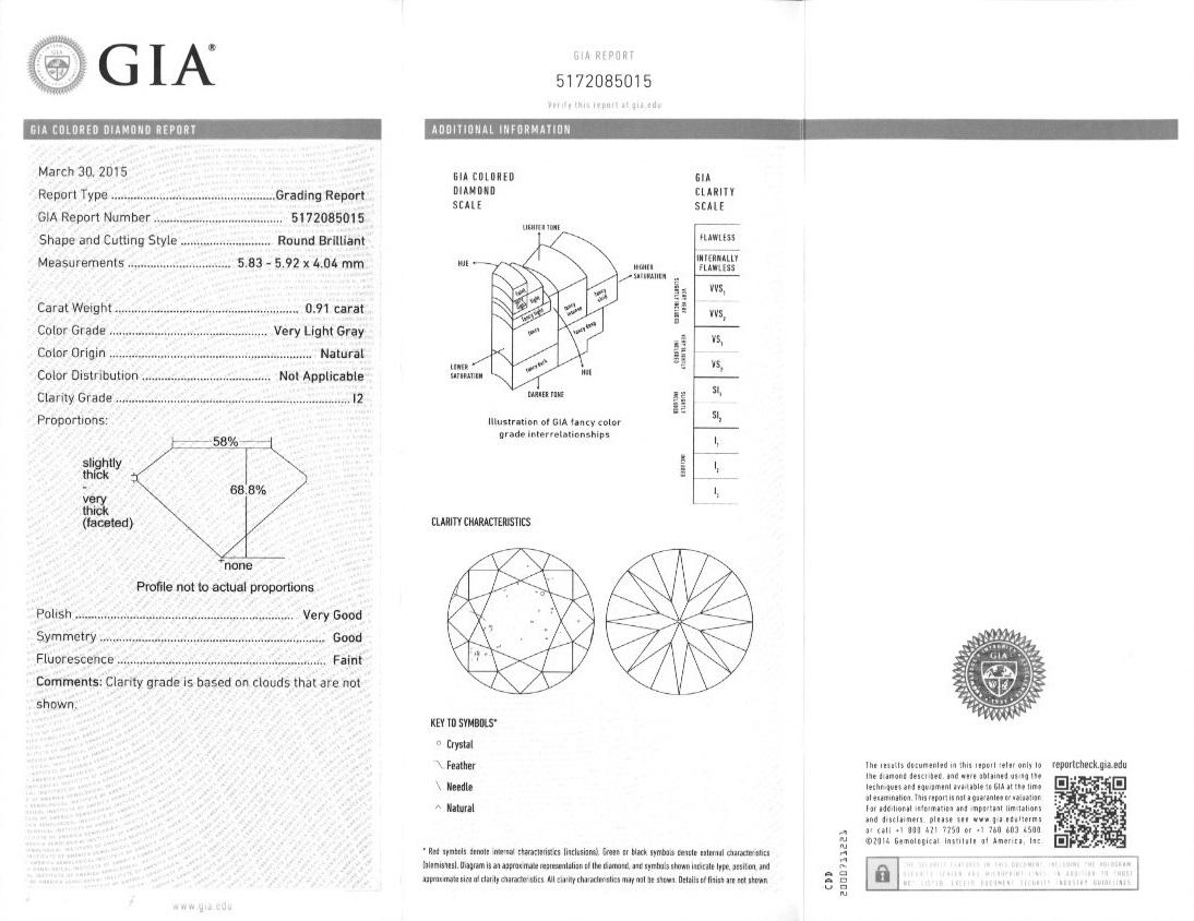 GIA CLOSEOUT, 0.91 Carat Round Light Gray Diamond Pendant 14K White