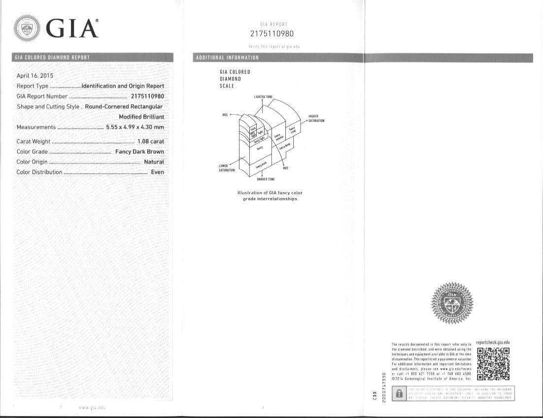 GIA CLEARANCE, 1.08 Carat Natural Fancy Dark Brown Cushion Loose Diamond