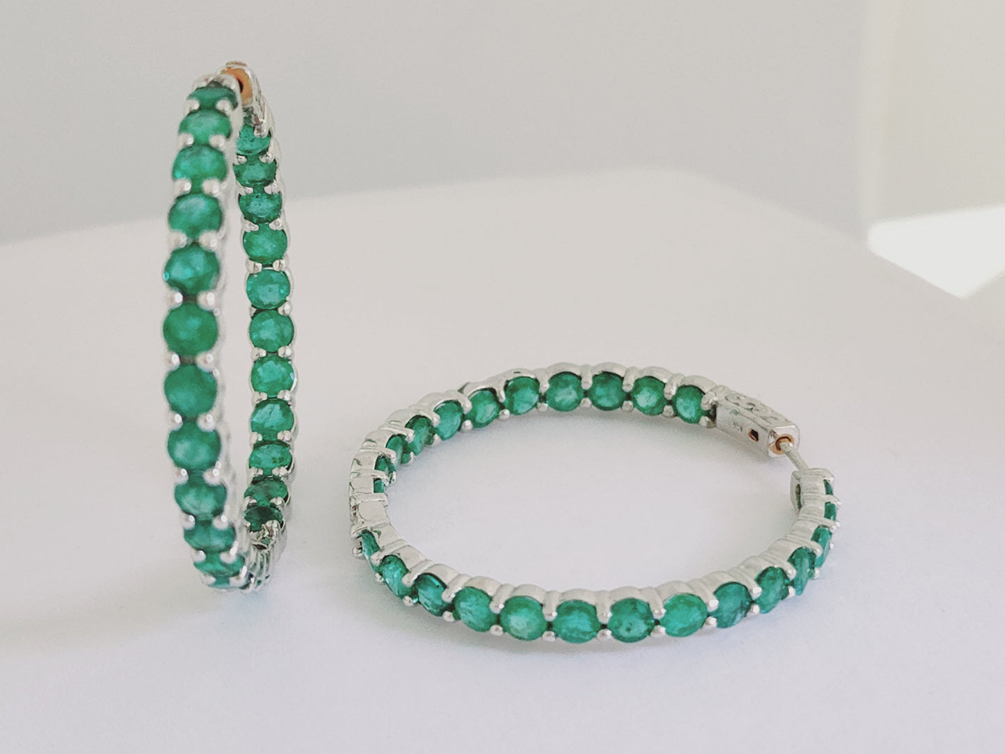8.50 Carat Emerald Round Hoop Earrings 14 Karat White Gold