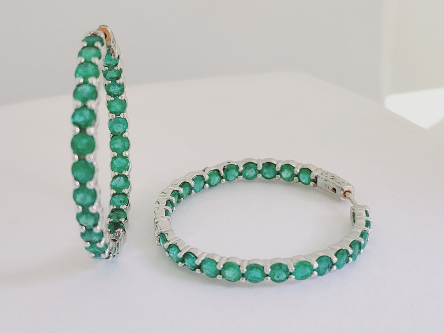 8.50 Carat Emerald Round Hoop Earrings 14 Karat White Gold