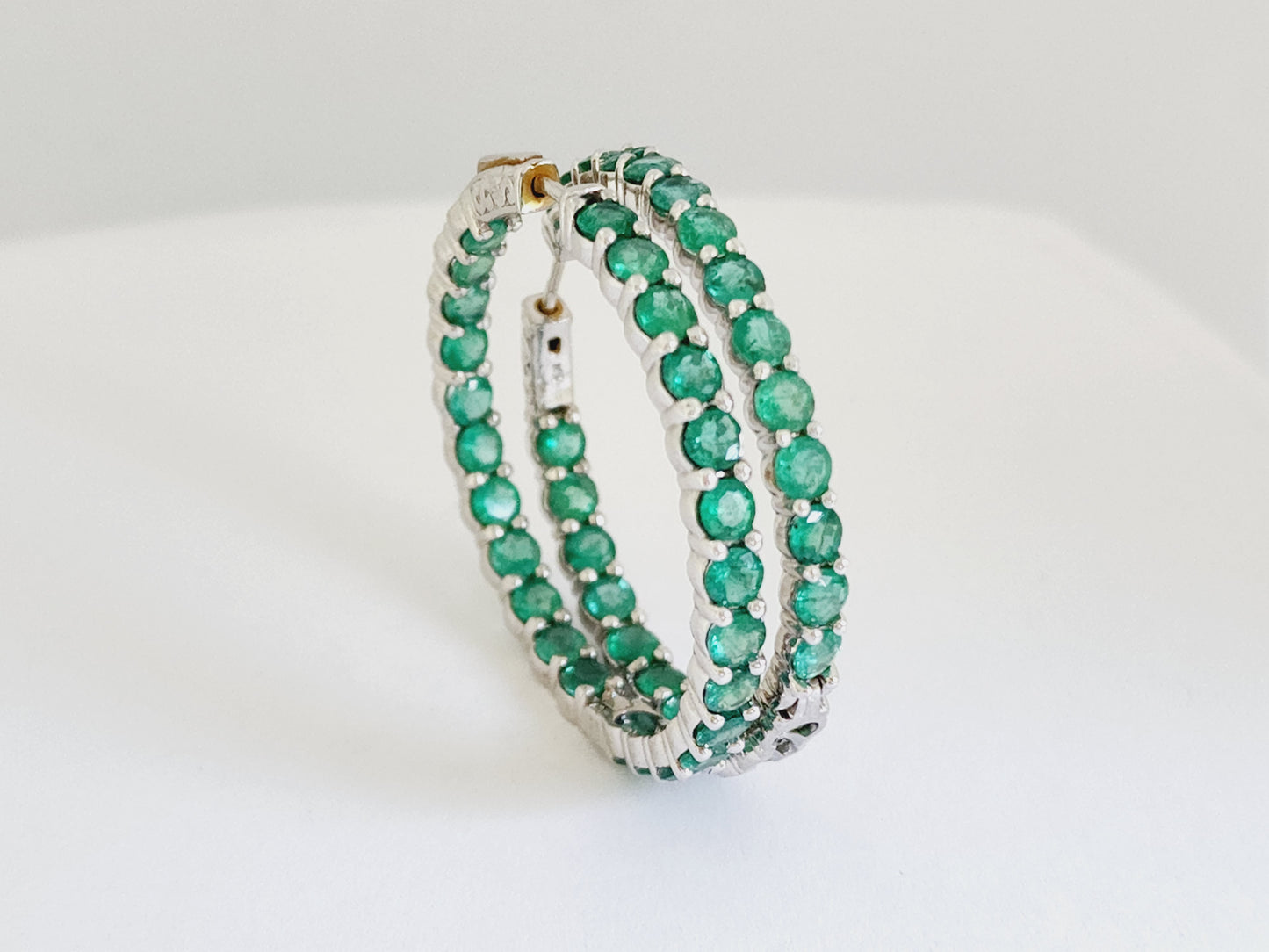 8.50 Carat Emerald Round Hoop Earrings 14 Karat White Gold