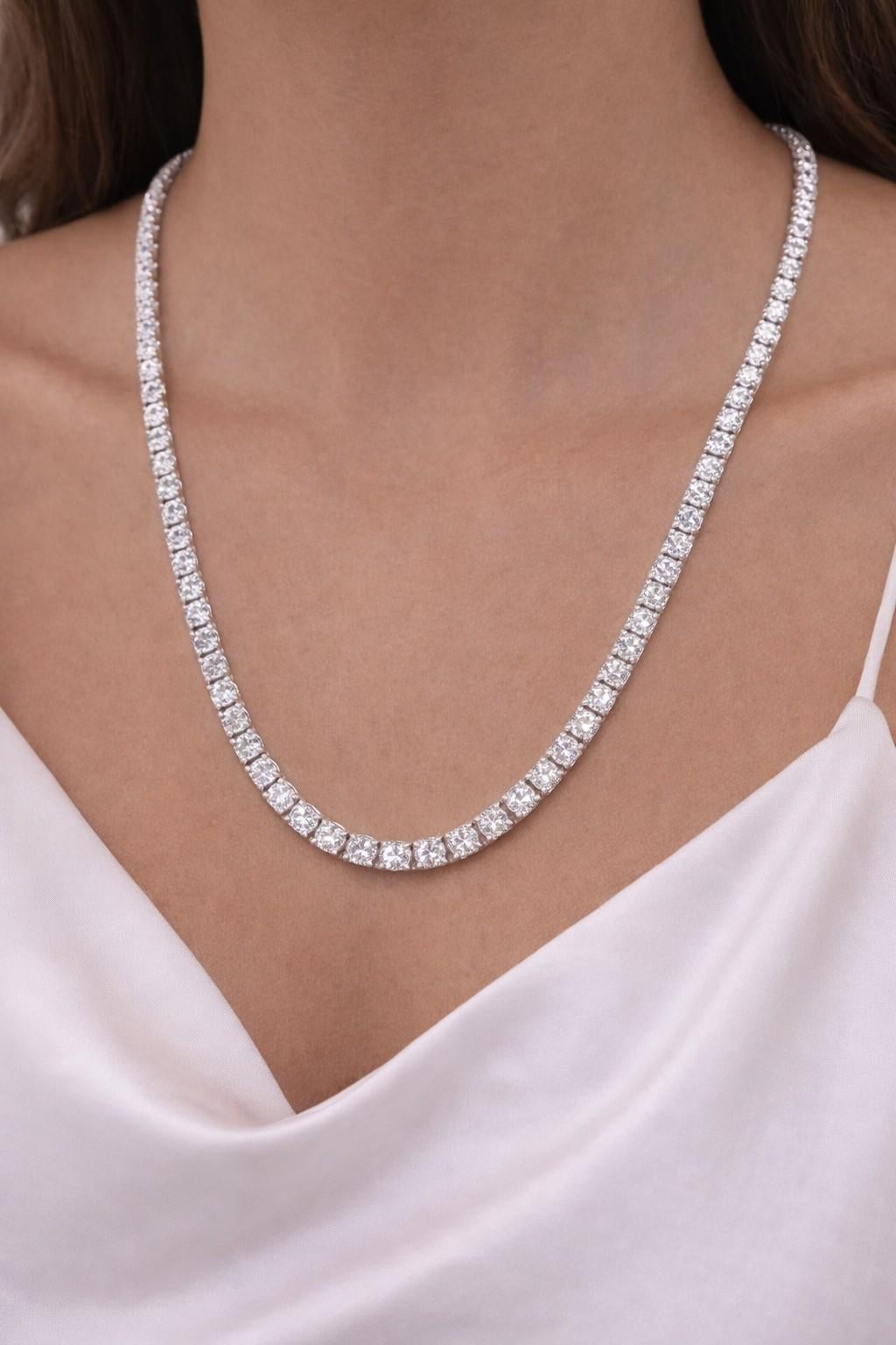 CLEARANCE, 33.25 Cts Round Natural Diamond Tennis Necklace 14K White 20''