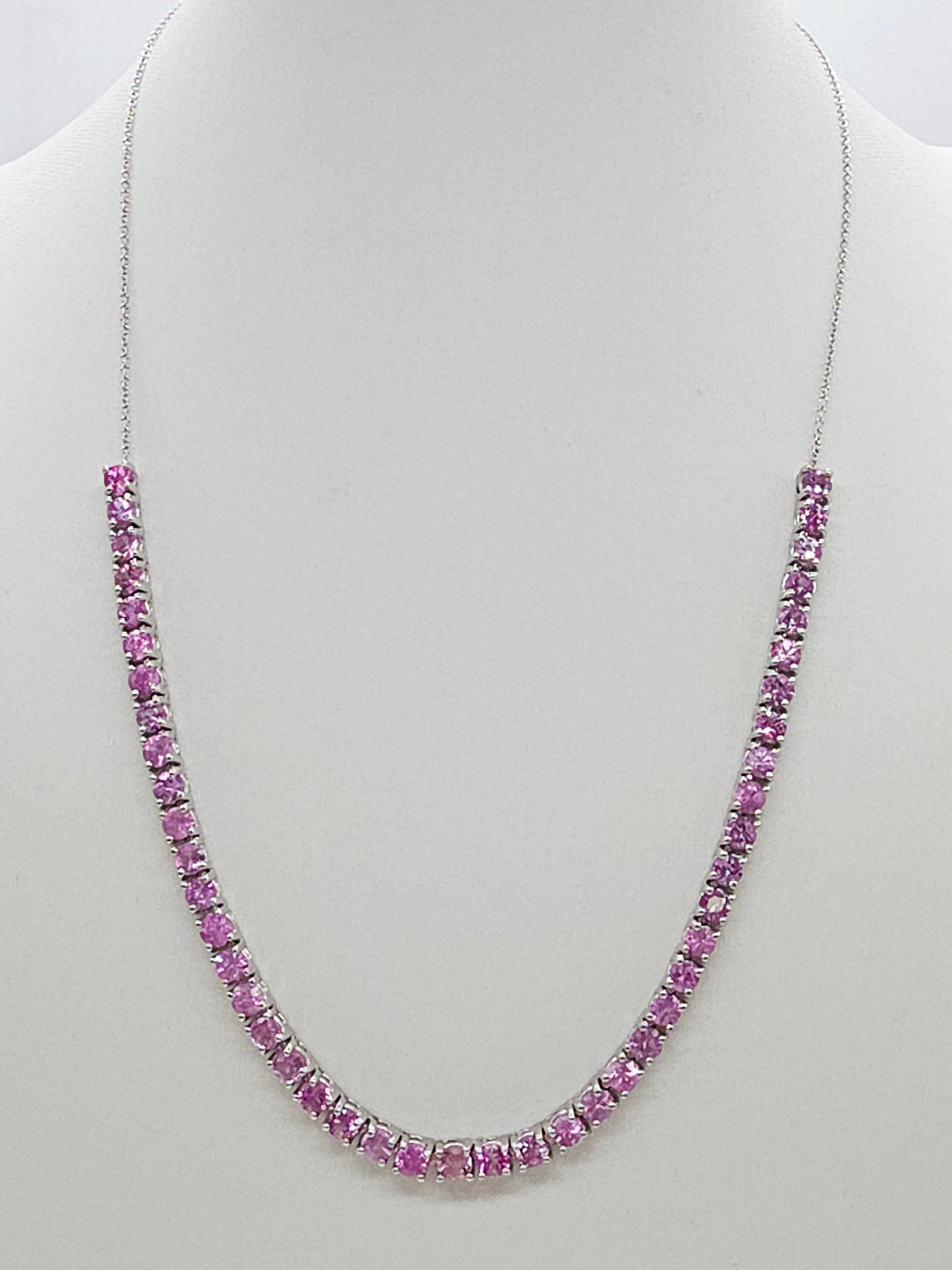 Natural Pink Sapphire Tennis Necklace, 8.02 in 14K White Gold, 17"