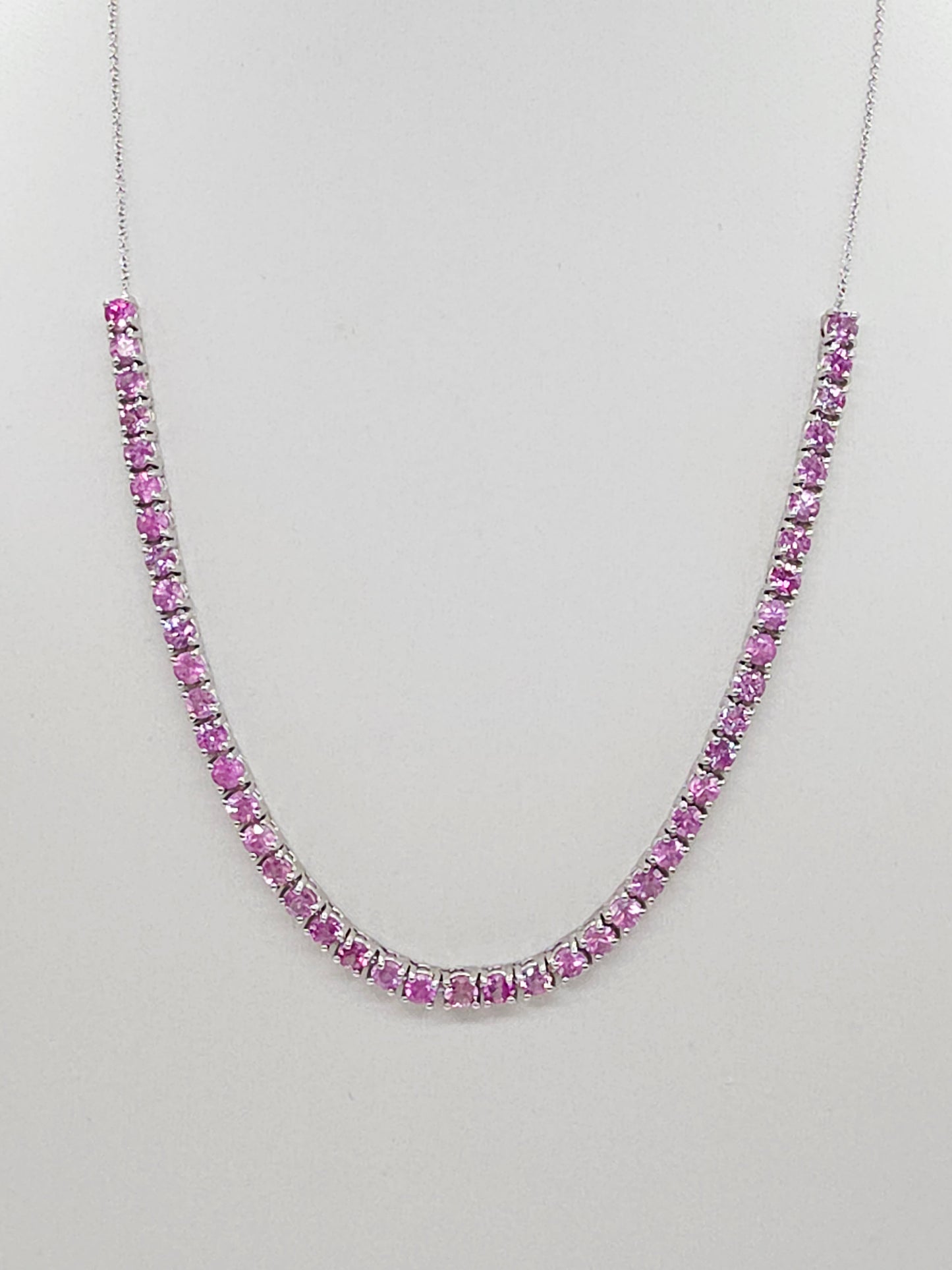 Natural Pink Sapphire Tennis Necklace, 8.02 in 14K White Gold, 17"