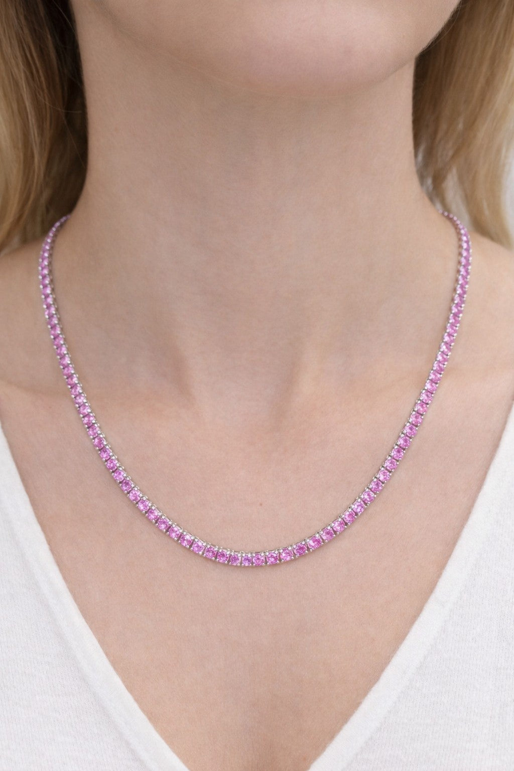 18.33 Carat Natural Pink Sapphire Tennis Necklace in 14K White Gold
