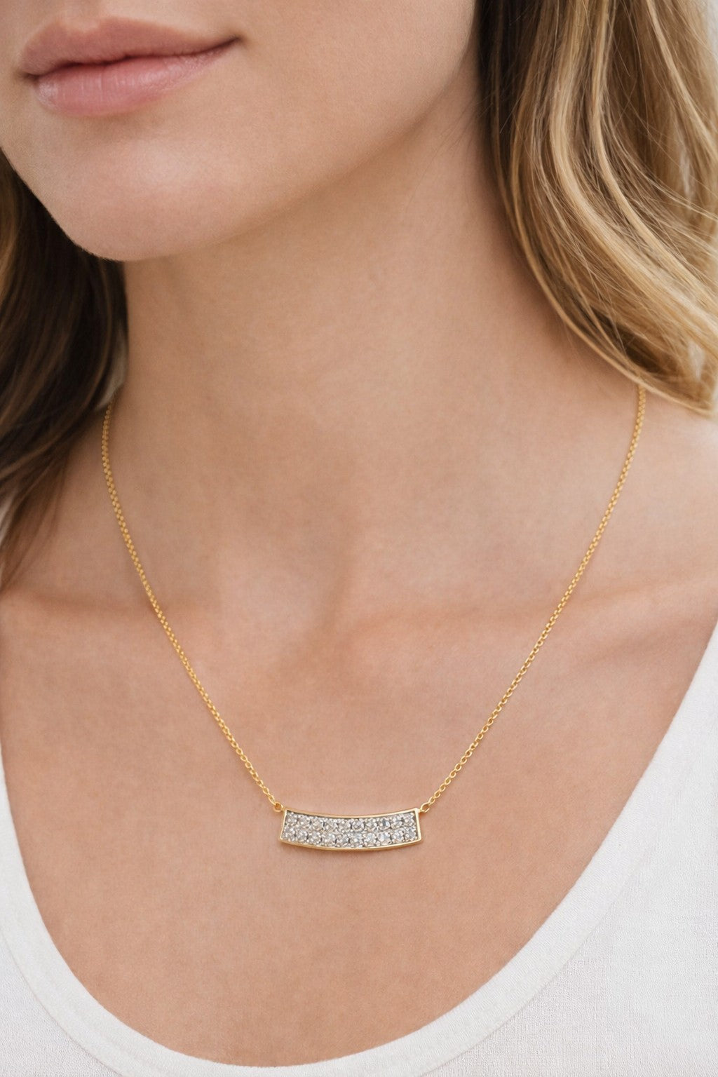 Curved Diamond Bar Necklace in 18K White Gold and 14K Yellow Gold, 0.70 Carats