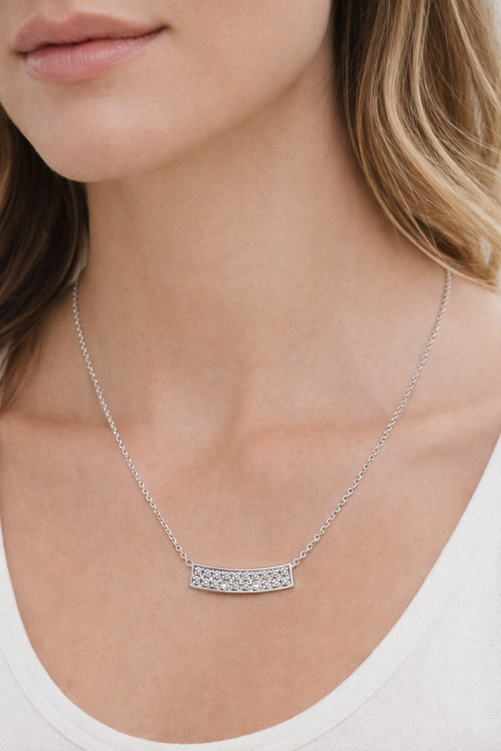 Curved Diamond Bar Necklace in 18K and 14K White Gold, 0.70 Carats