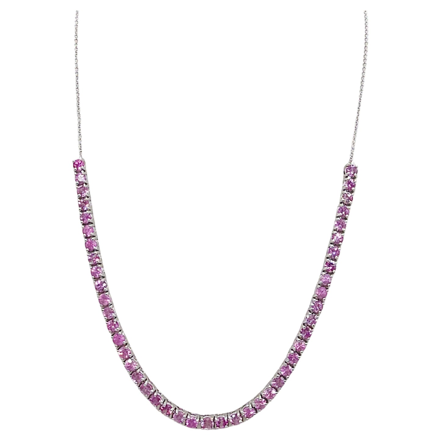 Natural Pink Sapphire Tennis Necklace, 8.02 in 14K White Gold, 17"