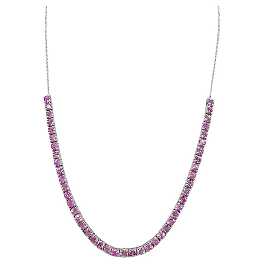 Natural Pink Sapphire Tennis Necklace, 8.02 in 14K White Gold, 17"